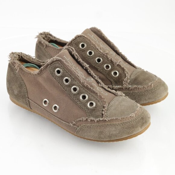 VTG Lucky Brand Womens Sneaker Size 7 Tan Suede Laceless Slip On Frayed Shoes 90 - Picture 11 of 12